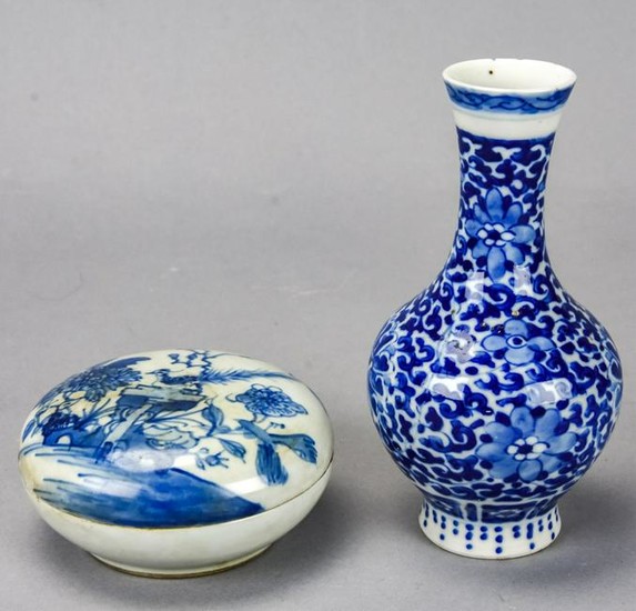Chinese Blue & White Porcelain Vase & Table Box