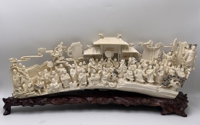 Chinese Hand Carved Bone Sculpture on Wooden Base