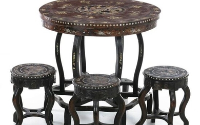 Chinese table and three stools with mother-of-pear