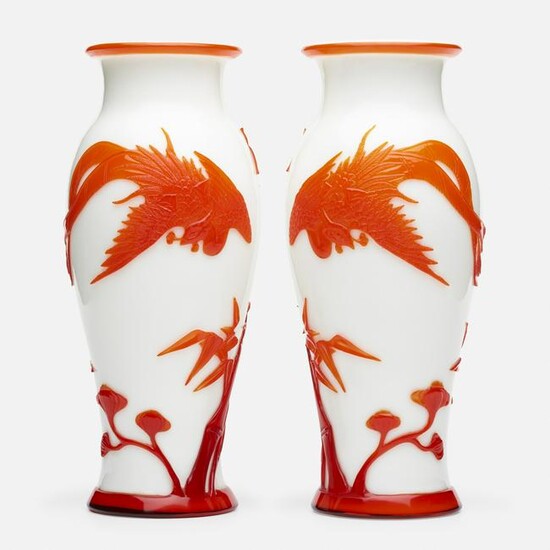 Chinese, white Peking glass 'Phoenix' vases