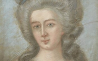 Circle of Jean-Baptiste Perronneau, French c.1715-1783- Portrait of a lady, bust-length, wearing a white dress, brown cloak and blue ribbon in her hair; pastel on paper laid down on board, 48 x 32 cm.