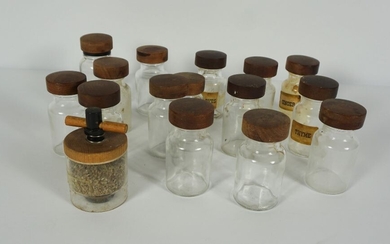 Collection of Vintage Glass Spice Jars, Three having labels, All with turned wooden lids
