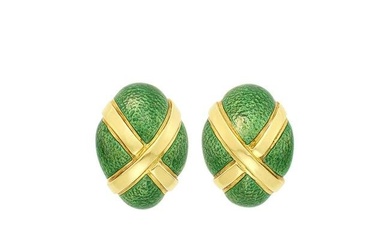 David Webb Pair of Gold and Green Enamel Earclips