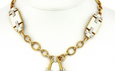 David Webb Platinum & 18K Yellow Gold White Enamel Geometric Pendant Chain Necklace