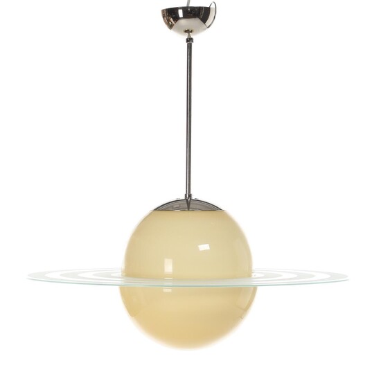 NOT SOLD. Designer unknown: A chromed metal pendant with yellow, clear and frosted glass shades. H. 63. Diam. 60 cm. – Bruun Rasmussen Auctioneers of Fine Art