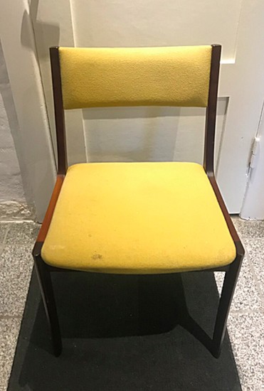 Designer unknown: A set of six mahogany dining chairs. Seat and back upholstered with yellow fabric. Manufactured and marked by Schou Andersen. (6)