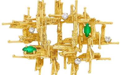 Diamond, Emerald, Gold Brooch, Kutchinsky The brooch features full-cut...