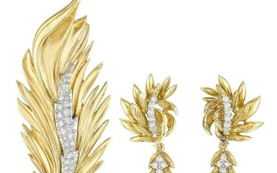 Diamond Feather Brooch and Earrings