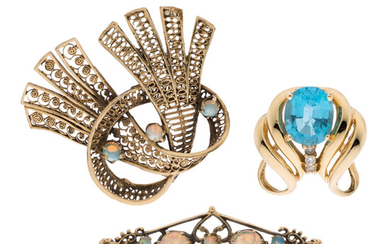Diamond, Multi-Stone, Gold Brooches The lot includes pendant featuring...