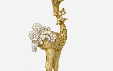 Donald Claflin for Tiffany & Co. Diamond, bone, and emerald ostrich brooch
