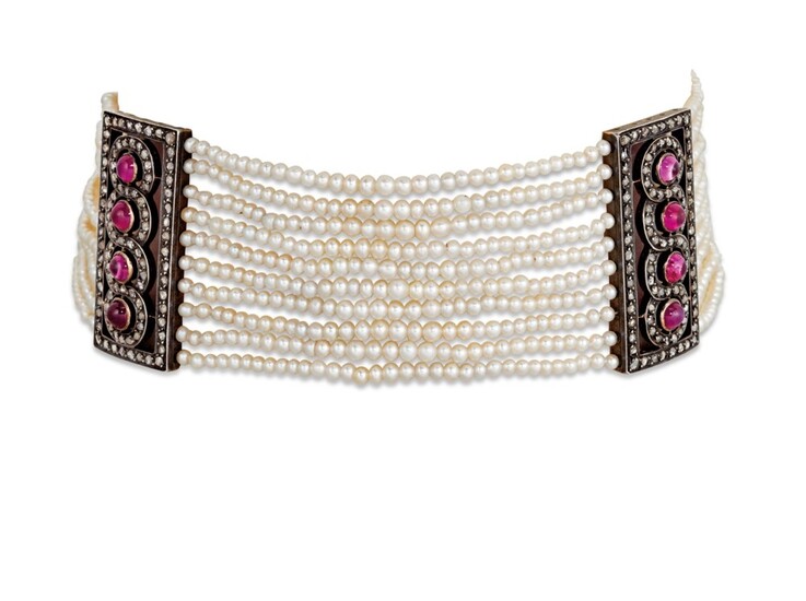 EARLY 20TH CENTURY SEED PEARL, RUBY AND DIAMOND CHOKER NECKLACE