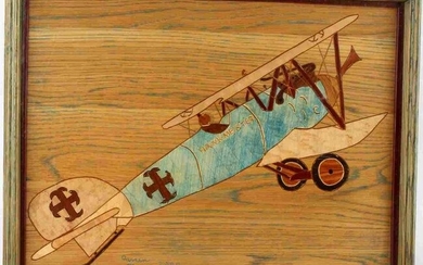 EXOTIC WOOD INLAY MOSAIC OF ANTIQUE WWI BIPLANE