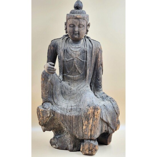 Early antique Chinese seated wooden Buddha