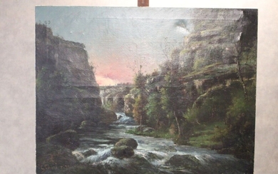 École du XIXème siècle. La rivière au crépuscule, huile sur toile, signée en bas à...