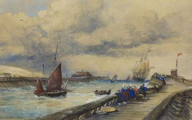 Edward William Cooke, RA, British 1811-1880- Choppy seas with a French warship entering Calais harbour as locals watch the fishing boars leave, with the Red Fort beyond; watercolour and bodycolour heightened with white on paper, signed 'E W Cooke...