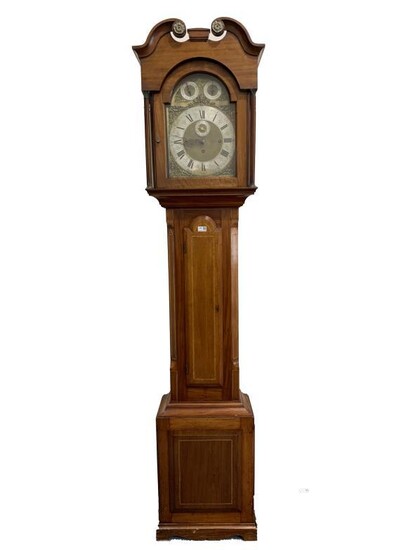 Edwardian longcase clock, swan neck pediment with applied brass...
