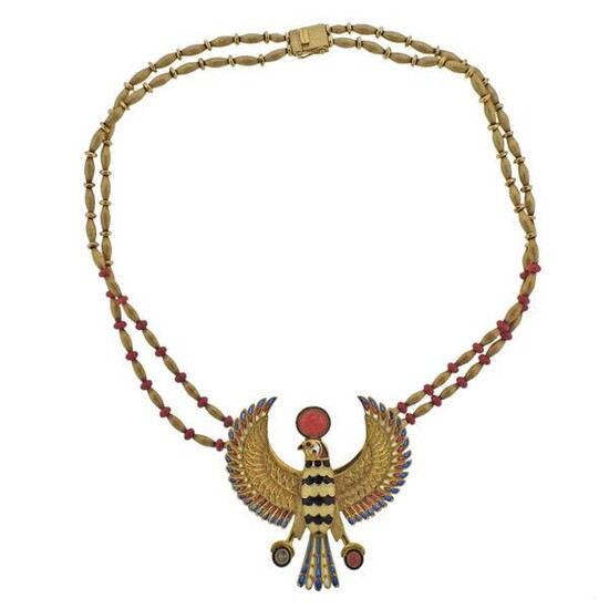 Egyptian Revival Gold Coral Bird Brooch Pendant