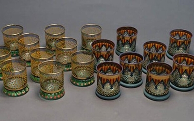 Eleven MacKenzie-Childs Art Glass 'Circus-Pennant' Old Fashioned Tumblers and Thirteen 'Circus-Dots' Old Fashioned Tumblers