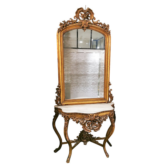 Elizabethan console with mirror in carved, moulded and gilt wood, circa 1870.