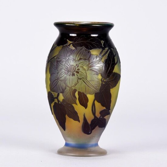 Emile Gallé (1846 ~ 1904) French Art Nouveau Cameo Glass Vase. Pretty waisted flower vase decorated with blue/purple flowers against a yellow field, signed. Circa 1900. Height 14.5 cm.