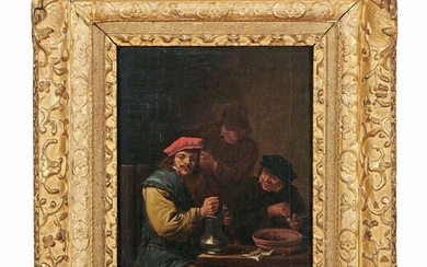 Entourage d Adrien BROUWER (1606-1638) Trois personnages attablés Huile sur panneau. 28,8 x 24,2 cm...