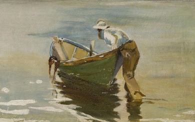 European School, late 19th/early 20th century- Fisherman loading a boat; oil on canvas, signed indistinctly 25.5 x 40.5cm Provenance: Wimbledon Fine Art, where purchased by the present owner.