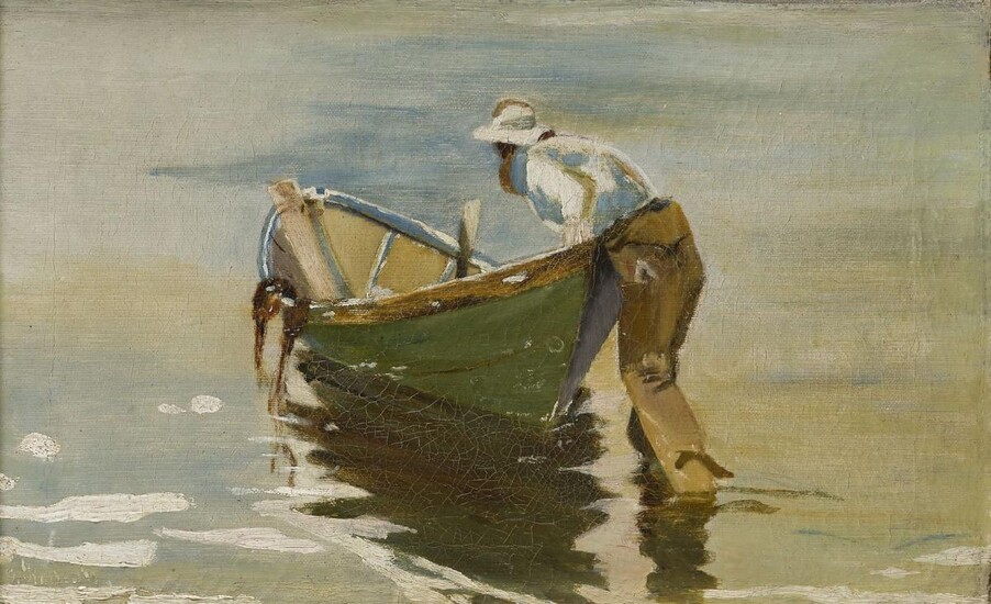 European School, late 19th/early 20th century- Fisherman loading a boat; oil on canvas, signed indistinctly 25.5 x 40.5cm Provenance: Wimbledon Fine Art, where purchased by the present owner.
