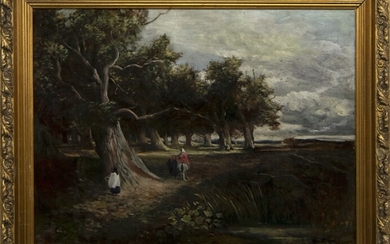 FIGURES ON A WOODLAND PATH, AN OIL BY KENNETH LOCK