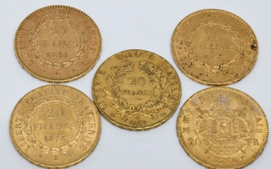 FRANCE. Cinq pièces 20 Francs or. 1851, 1866,...