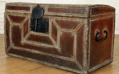 FRENCH LEATHER TRUNK WROUGHT IRON HARDWARE 1860