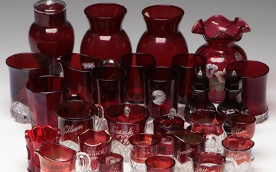 Fenton with Other Ruby Glass Vases, Creamers, Shot Glasses and More