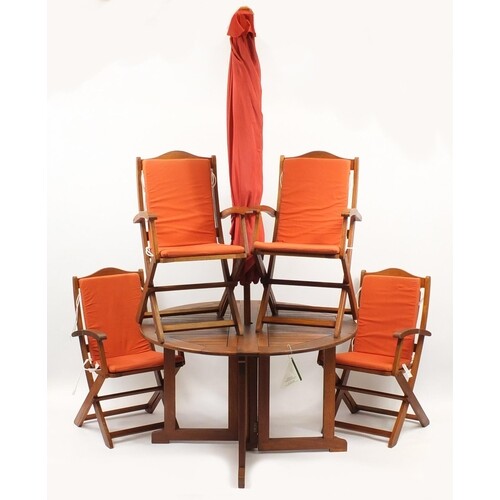 Firman teak folding garden table with four chairs and paraso...