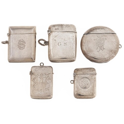 Five silver vesta cases, Victorian-George V, round example 4...