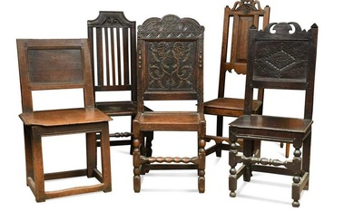 Five various oak chairs, 17th century and later