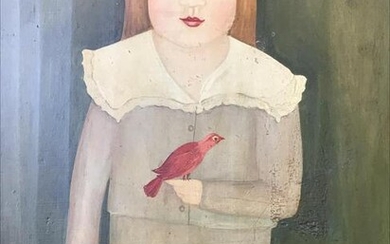 Folk Art Painting Wood Panel, Girl W Bird and Dog