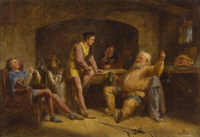 Follower of George Clint, ARA, British 1770-1854- Falstaff & Henry, The Boarâ€™s Head, Eastcheap; oil on panel, signed with monogram 'RFB' and dated '1869' (lower right), bears old inscribed label attached to the reverse, 17 x 24.5 cm. Provenance:...
