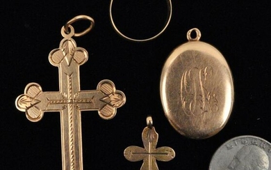 Four 14K Gold Items, Two Russian Crosses, Locket & Ring