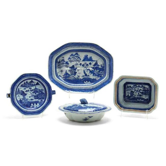Four Chinese Export Blue Canton Serving Pieces