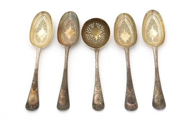 Four George II silver tablespoons; and a silver sauce ladle.