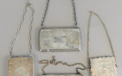 Four silver purses and card cases having chains