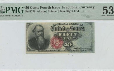 Fourth Issue 50 Cents Fractional Currency Blue Right End Fr# 1376 PMG AU53