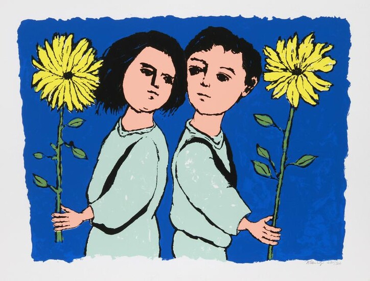 Frank Kleinholz, Twins with Flowers, Screenprint