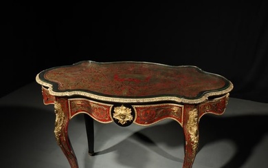 French Louis XV ormolu mounted ebonized boulle salon table. 32"H x 30"D x 52"W