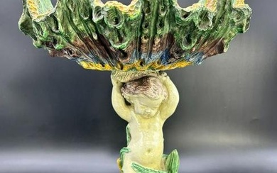 French Majolica Cherub with Shell Compote