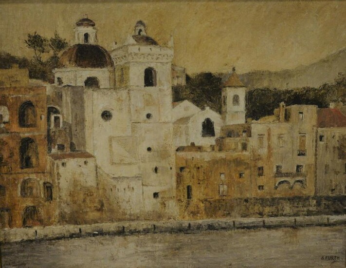 G. Furth (20th Century) Italian coastal cityscape oil