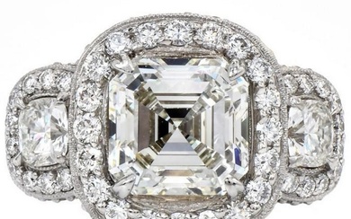 GIA 5.49ct Asscher Cut Diamond Platinum Halo Triple Stone Engagement Ring