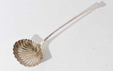 George III silver old english pattern serving ladle with feather edge, engraved crest and scalloped bowl (London 1769), 6.5oz, 35cm in length