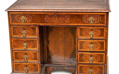 George Iii Style, English Walnut Inlay Knee Hole Desk, 18th C., H 31”, W 39”, L 23&#8221