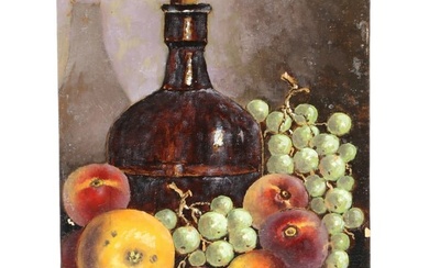 George W. Drew, New York (1875-1968), still life with jug and fruit, 1965, oil on board, 14"H x 10"W