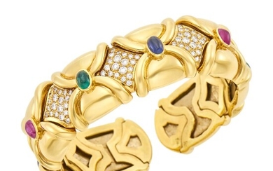 Gold, Cabochon Colored Stone and Diamond Cuff Bracelet